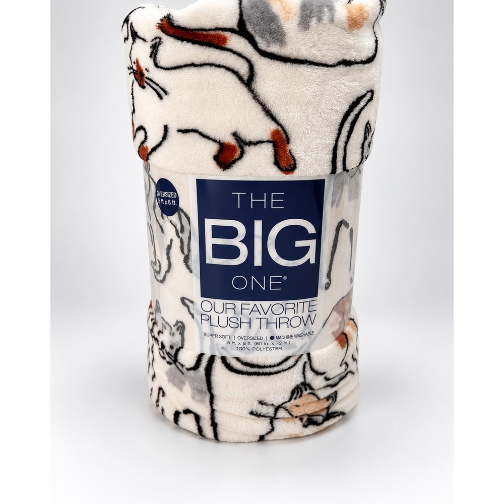 The Big One Plush Throw Blanket Cat Print Oversized 60 x 72 Inches Ivory Gray
